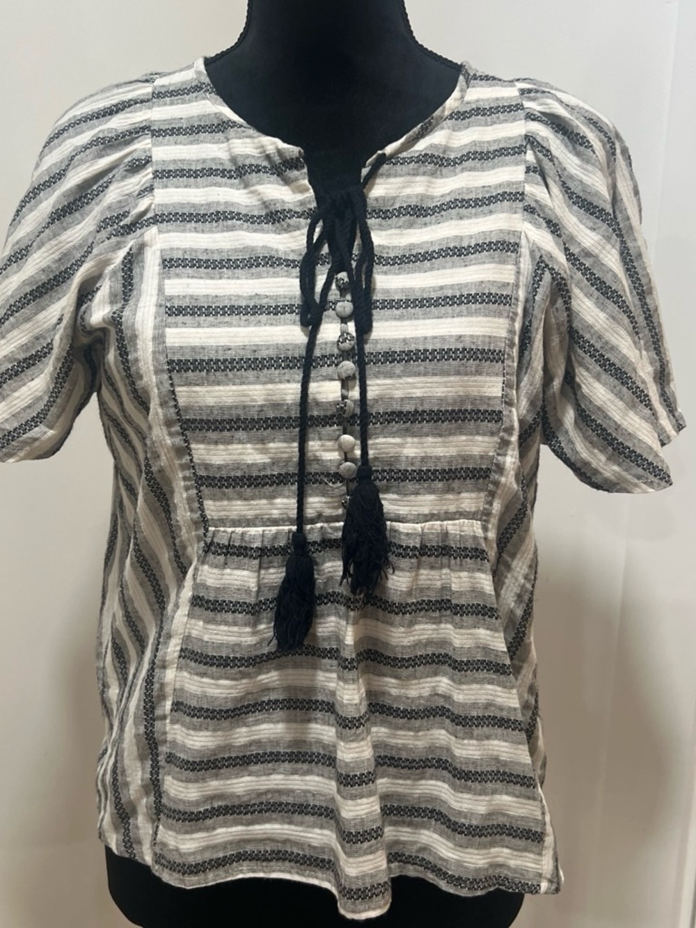 fab'rik Black and Cream Striped Peasant Top